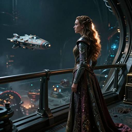 Photograph-style CGI: Blonde woman in ornate, metallic sci-fi dress gazes at flying spaceship through large window of futuristic cityscape.