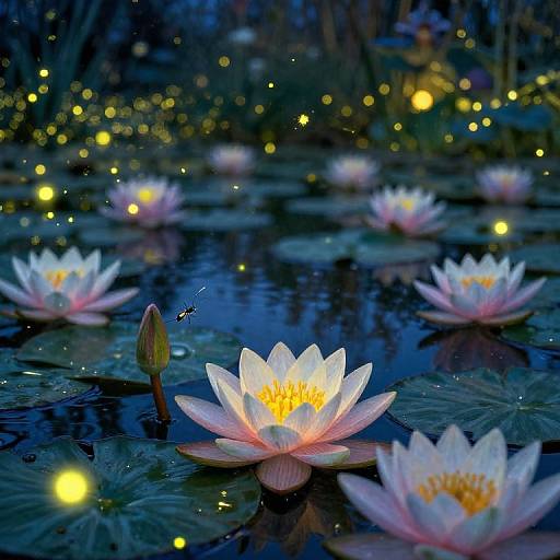 Photograph of glowing pink lotus flowers floating on dark blue water, surrounded by sparkling yellow fireflies, with a blurred, enchanted forest background.