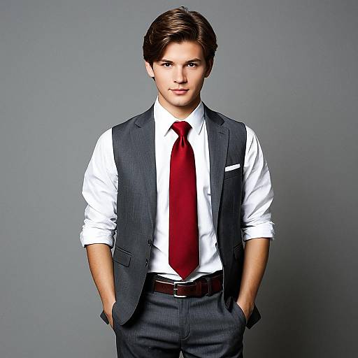 Young Man in Semi-Formal Grey Suit with Red Necktie
