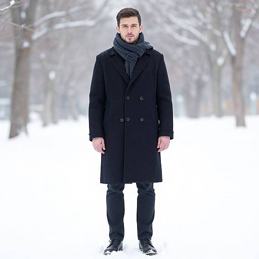 Photograph of a man with short brown hair, beard, wearing a black double-breasted coat, gray scarf, black pants, and black shoes,
