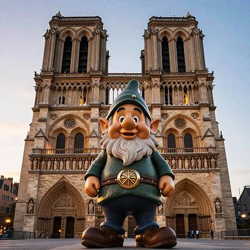 Photograph of a large, cartoonish, green-clad gnomish figure with a white beard and hat, standing in front of the Notre-D