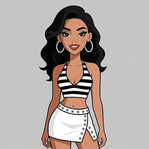 Digital illustration of a confident, dark-haired woman with wavy hair, wearing a black-and-white striped crop top, white skirt with buttons, and large
