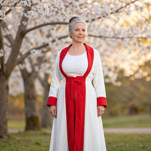 Photograph of an elderly Caucasian woman with gray hair in a white and red traditional dress, standing in a blooming cherry blossom park.
