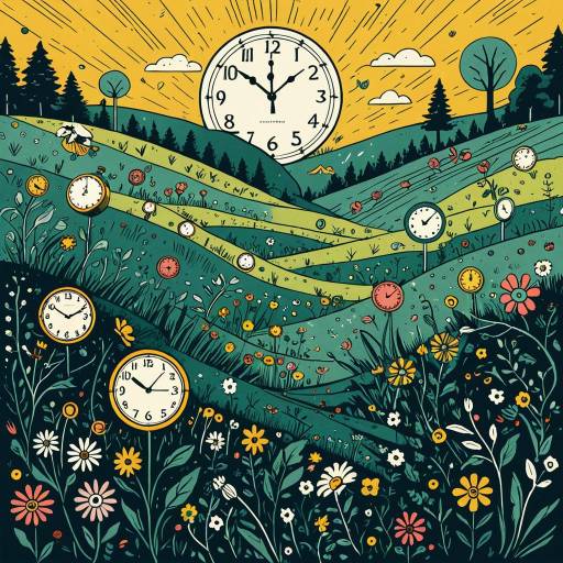 Surreal Meadow of Clocks Illustration