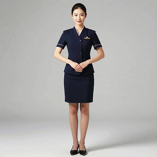 Photograph of an Asian woman with fair skin, black hair in a bun, wearing a black short-sleeve, button-up airline uniform, knee