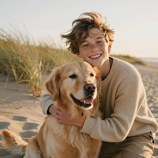 Teen Boy Hugging Golden Retriever on Sandy Beach