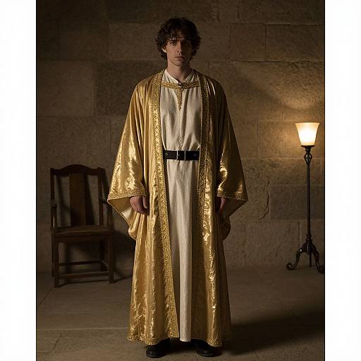 Photograph of a young man with curly hair, wearing a gold, ornately embroidered robe over a cream satin tunic, standing in a dimly