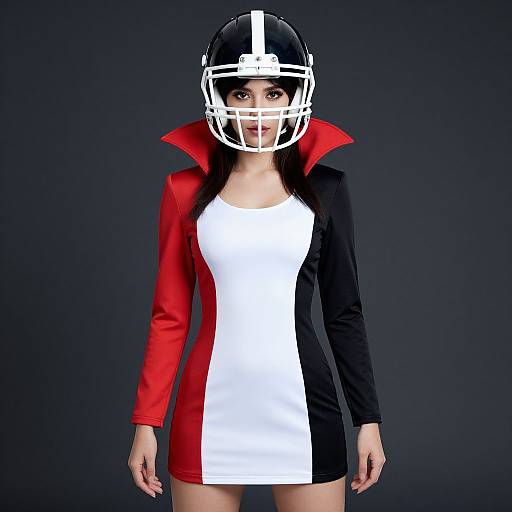 Photograph of a woman in a black and white dress, red and black jacket, and football helmet against a dark background.