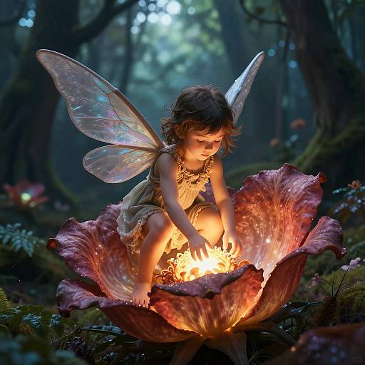 Digital fantasy artwork of a fairy child with translucent wings, sitting in a glowing, oversized, pink lotus flower in a mystical forest.