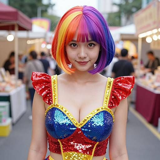 Young Asian woman with vibrant rainbow bob haircut, wearing a sparkly red and blue sequin crop top with yellow trim, stands at a bustling outdoor market