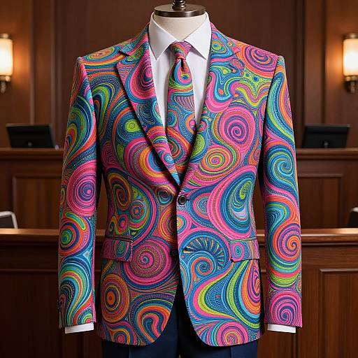 Photograph of a vibrant, psychedelic-patterned suit jacket with swirls in pink, blue, green, and orange, displayed on a mannequin