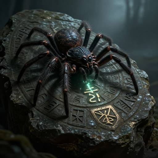 Digital CGI of a glowing, black spider with metallic sheen, perched on a dark, ancient, rune-covered stone, emitting green light.