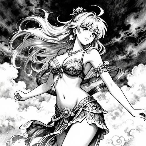 Monochrome manga-style illustration of a confident, long-haired, topless female warrior with ornate jewelry and flowing skirt, set against a dramatic cloudy sky