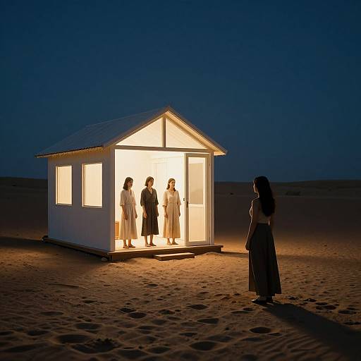 Photograph of a lit, white, small house in a dark desert at night, with four people inside and one silhouette outside.