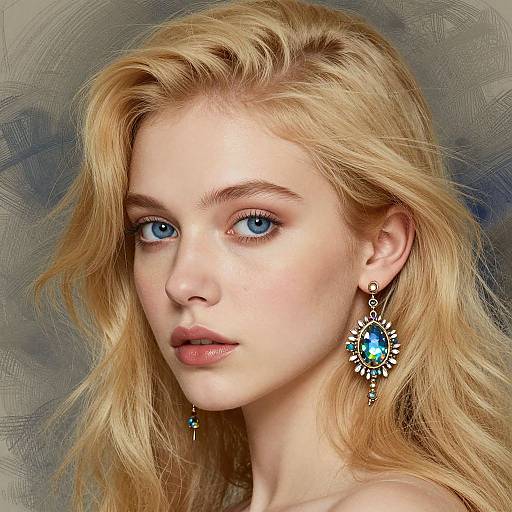 Photorealistic digital portrait of a fair-skinned, blue-eyed blonde woman with wavy hair, wearing a blue gemstone earring, against a