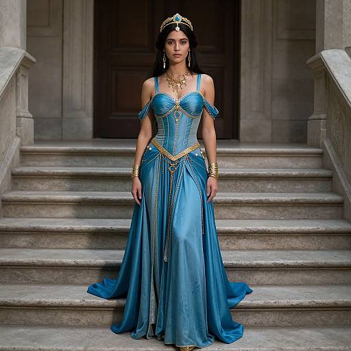 Photograph of a dark-haired woman in a blue, gold-embellished, off-shoulder ball gown, standing on stone stairs, wearing