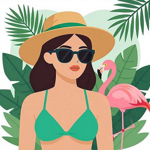 Digital illustration of a woman with dark hair, green bikini, and straw hat, wearing black sunglasses, with a pink flamingo and lush green leaves in