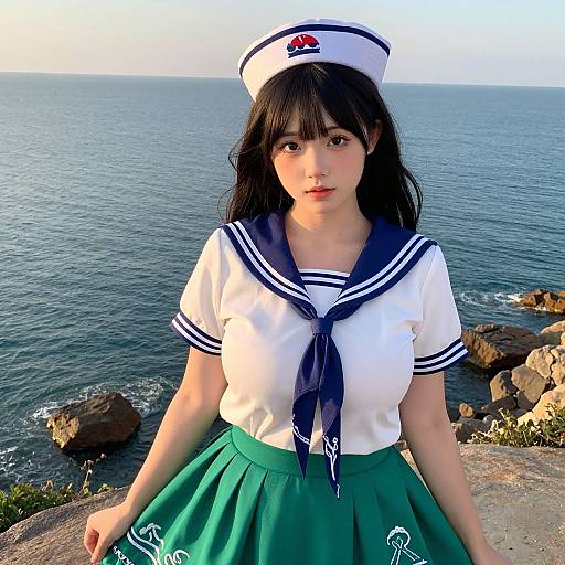 Photograph of an Asian woman with long black hair in a sailor uniform, green skirt, and white hat, standing by a rocky coastal cliff with a