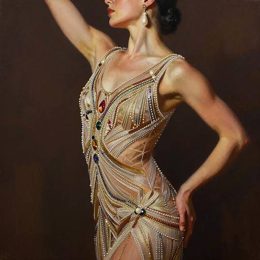 Photograph of a slender woman in an elaborate, sheer, beaded Art Deco evening gown, adorned with pearls, gems, and intricate patterns,