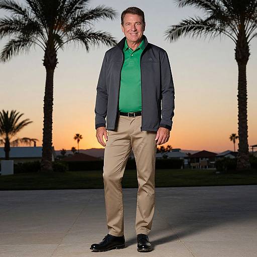 Photograph of middle-aged man in green polo, black jacket, beige pants, standing outdoors at sunset with palm trees, houses, and orange sky background