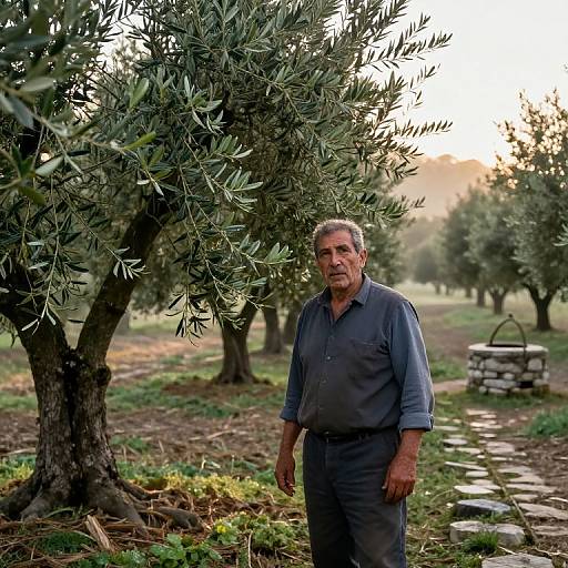 Photograph of an older man with gray hair, wearing a blue shirt and pants, standing in an olive grove at sunset.