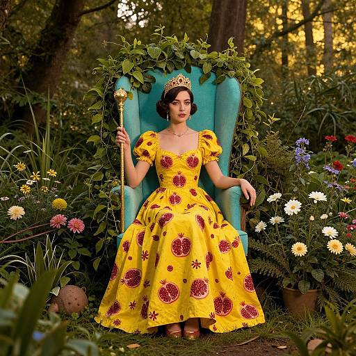 Photograph of a woman in a vibrant yellow dress with red floral patterns, wearing a gold crown, sitting on a turquoise chair, holding a flower,