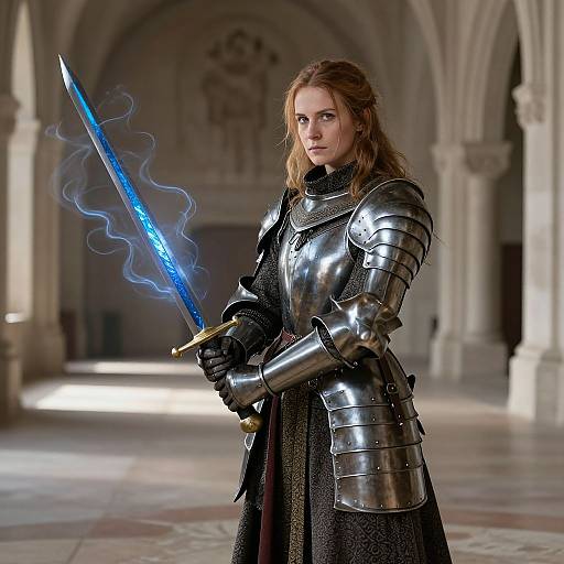 Photograph-like CGI of a determined, blonde, fair-skinned woman in silver armor holding a glowing blue sword in a dimly lit, Gothic-style