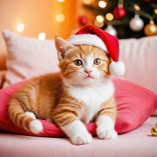 Ginger Kitten in Santa Hat on Pink Cushion