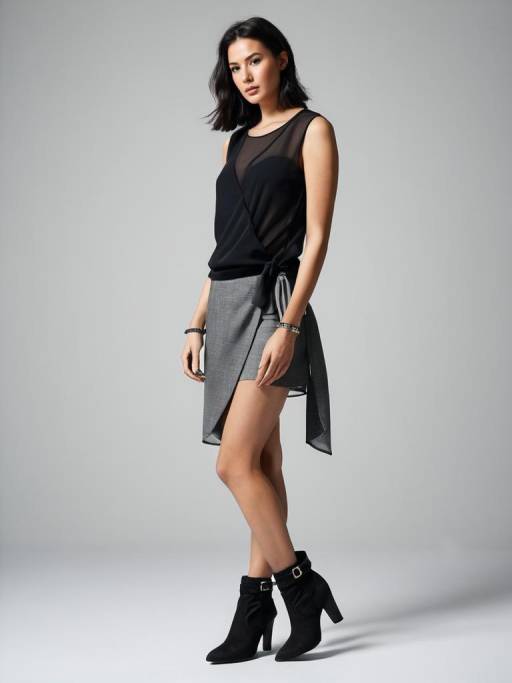 Woman in Casual Chic Outfit with Black Sheer Top and Grey Wrap Skirt