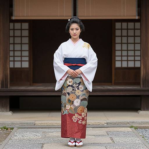 Photograph of a Japanese woman in traditional white kimono with floral patterns, navy obi, and red hakama, standing in front of a wooden