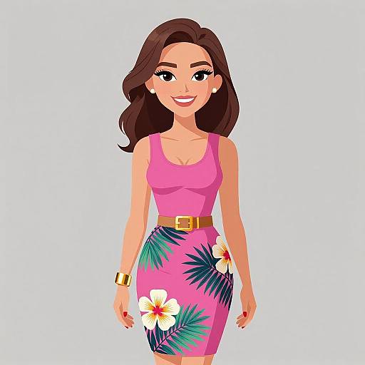 Smiling Woman in Vibrant Tropical Outfit