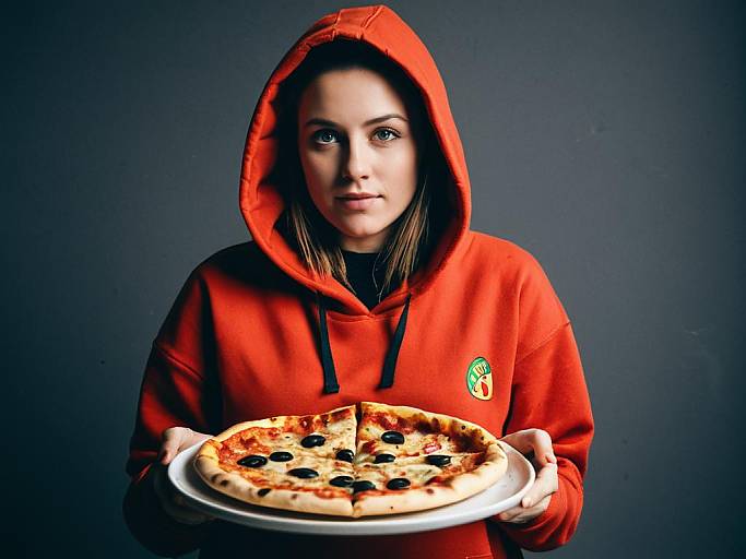 Photograph of a young woman with light brown skin, wearing a red hoodie, holding a pizza with black olives against a dark gray background.