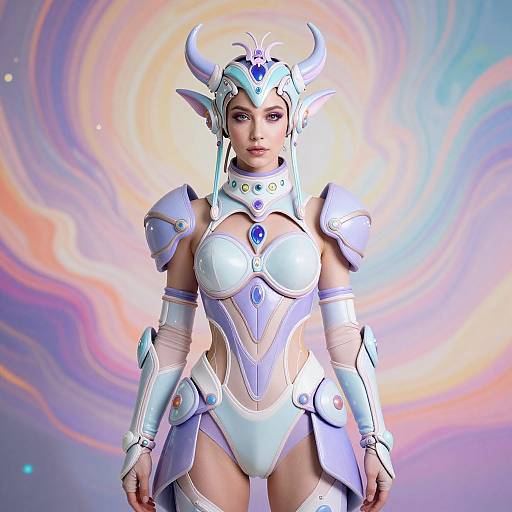 CGI fantasy portrait of a strong, attractive woman in white, silver, and blue armored fantasy attire with horns, set against a swirling pastel rainbow