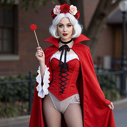 Photograph of a pale-skinned woman with white bob, red lipstick, red corset, white lace trim, red cape, holding red lollipop