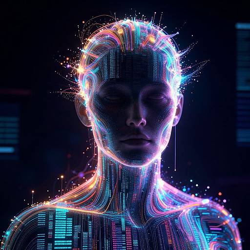 Digital artwork of a glowing, neon-lit, futuristic human silhouette with vibrant, colorful circuitry patterns against a dark background.