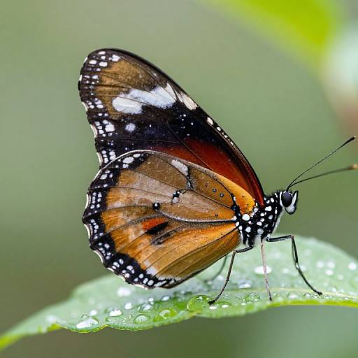Close-up photograph of an orange and black butterfly with white spots, perched on a dewy green leaf, against a blurred green background.