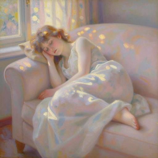 Digital painting of a sleeping woman with fair skin and brown hair, in a pastel floral dress, on a sunlit beige sofa. Sunlight streams