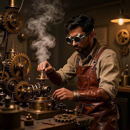 Photograph of a bearded, dark-haired man in glasses and brown leather apron, working on a steam-puffing, gear-filled vintage machine