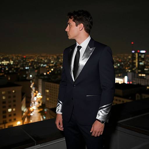 Photograph of a handsome man with short dark hair, wearing a black suit with silver lapels, standing on a rooftop at night, looking out over