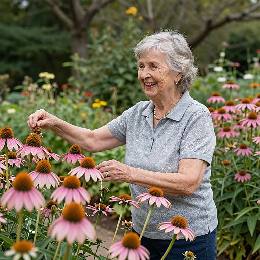 Photograph of smiling elderly woman with short gray hair, wearing light gray polo shirt, gently touching pink and brown-centered cosmos flowers in vibrant garden.