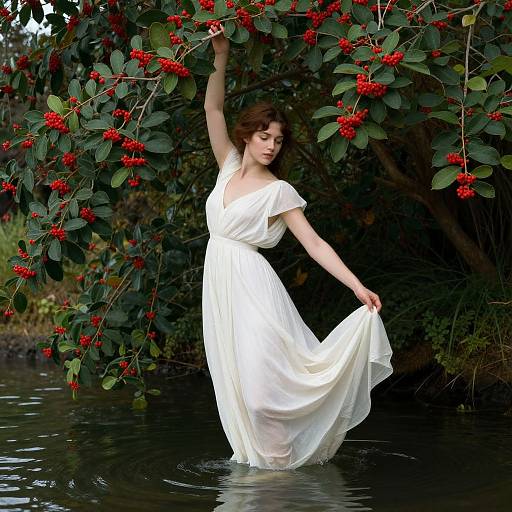 Photograph of a fair-skinned woman with brown hair in a white, flowing dress, standing in a river, holding branches with vibrant red berries.