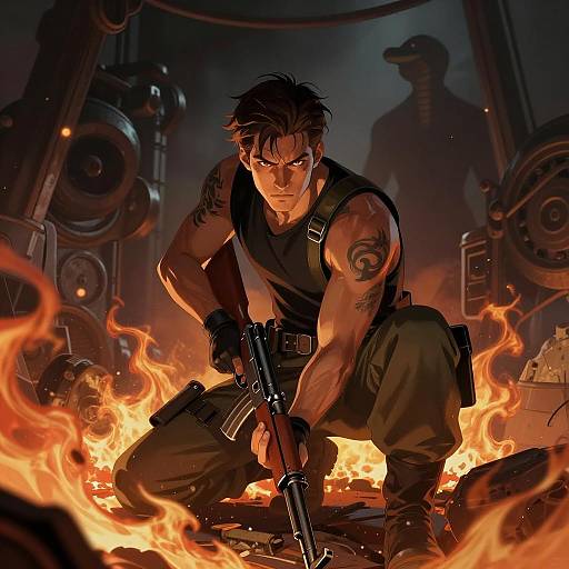 Intense Warrior Amidst Fiery Background