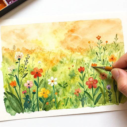 Watercolor painting of a vibrant meadow with orange, red, yellow, and white flowers, held by a hand with a yellow pen.