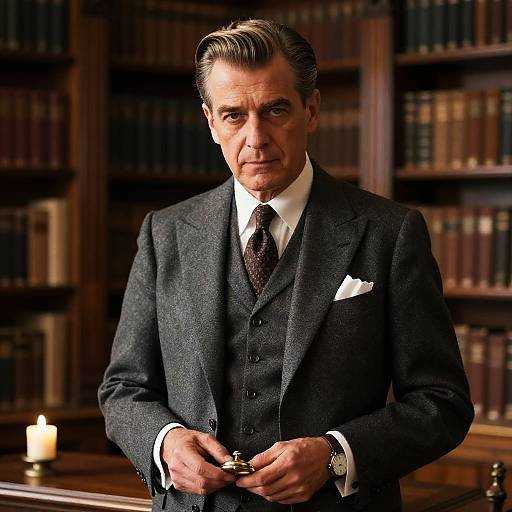 Photograph of a middle-aged man in a dark gray three-piece suit, white shirt, and patterned tie, standing in a dimly lit,