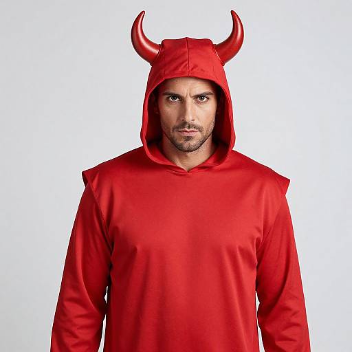 Photograph of a serious, bearded man wearing a bright red devil costume with horns, against a plain white background.