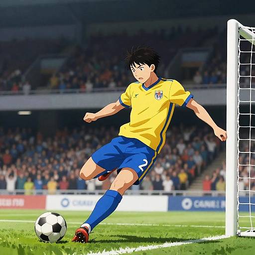 Digital anime-style drawing of a male soccer player in a yellow and blue uniform, kicking a black-and-white ball near the goalpost, with a blurred