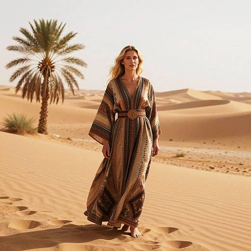 Woman in Traditional Dress Standing in Desert