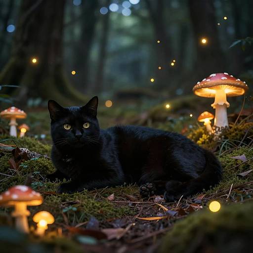 Photograph of a black cat with glowing eyes lying on mossy forest floor, surrounded by glowing orange mushrooms and tiny fairy lights.
