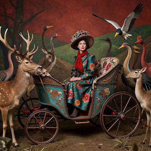 Victorian woman in floral dress and hat, seated in ornate carriage, surrounded by deer and birds, against a red and green forest backdrop. Phot