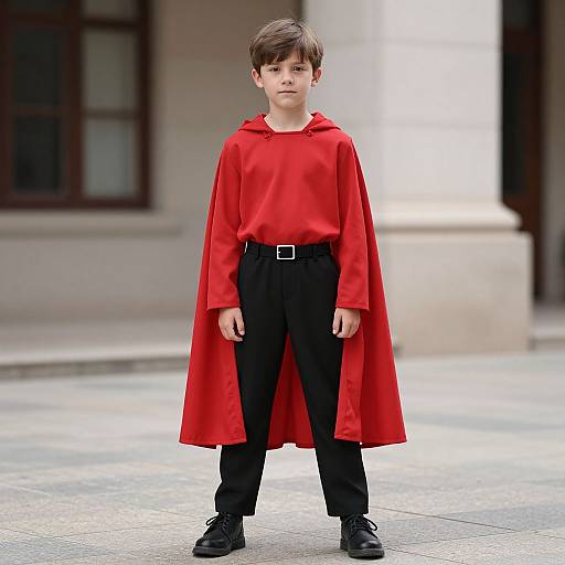 Photograph of a young boy with brown hair, wearing a bright red cape, black pants, and shoes, standing in front of a building.